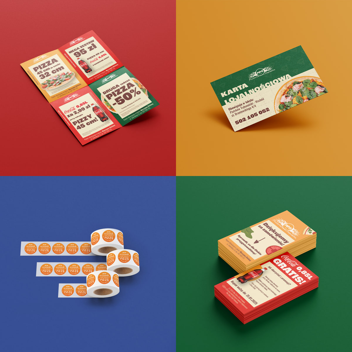 kupony promocyjne, pizzeria, karta lojalnościowa, naklejki z nadrukiem